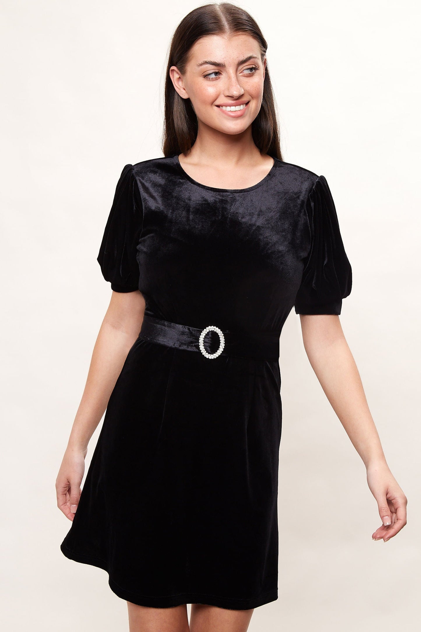 Louche Alya Velvet Diamante Buckle Mini Dress - Black