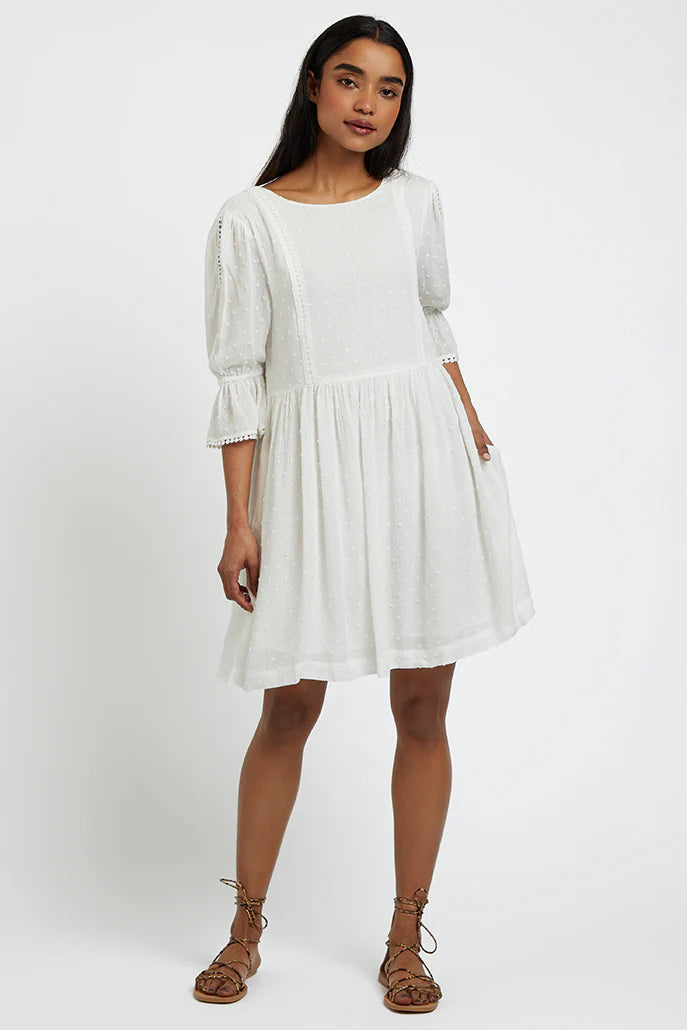 Amarine Self Dot White Square Back 3/4 Sleeve Mini Dress