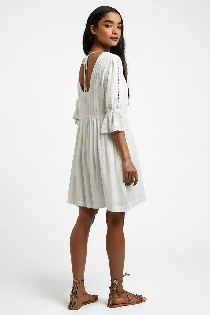 Amarine Self Dot White Square Back 3/4 Sleeve Mini Dress