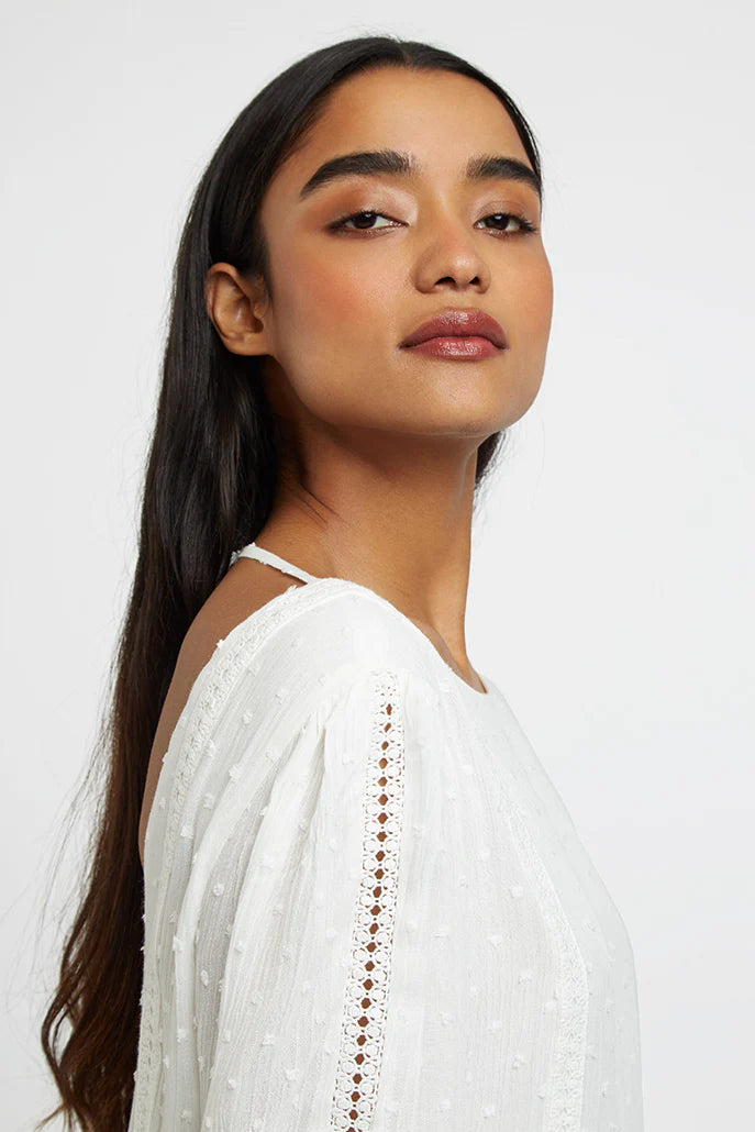 Amarine Self Dot White Square Back 3/4 Sleeve Mini Dress