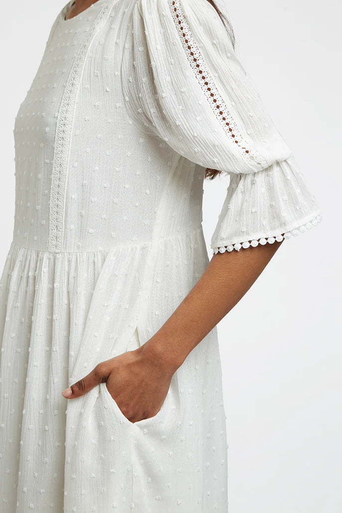 Amarine Self Dot White Square Back 3/4 Sleeve Mini Dress