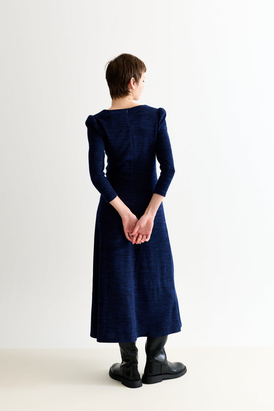 Moa Sustainable Marl Puff Sleeve V Neck Midi Dress - Navy
