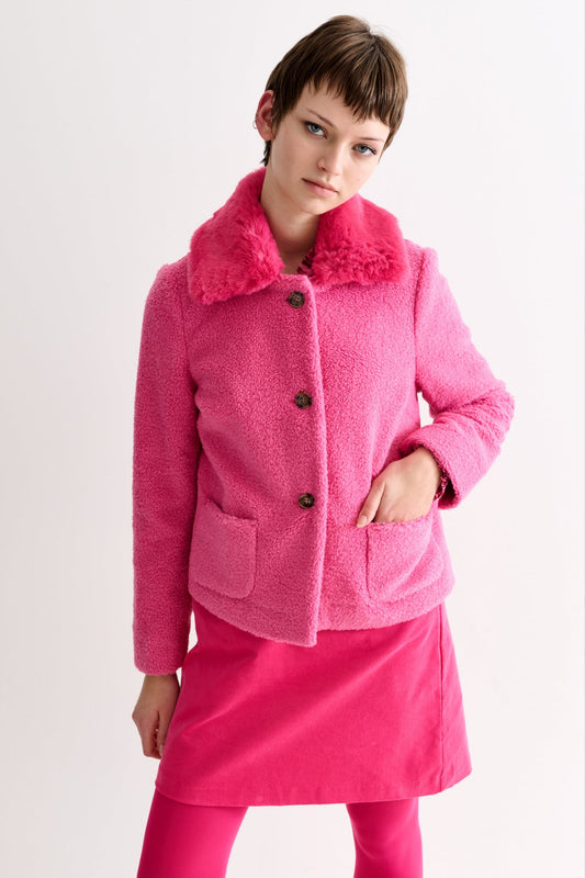 Apple Borg Faux Fur Collar Cropped Jacket – Pink