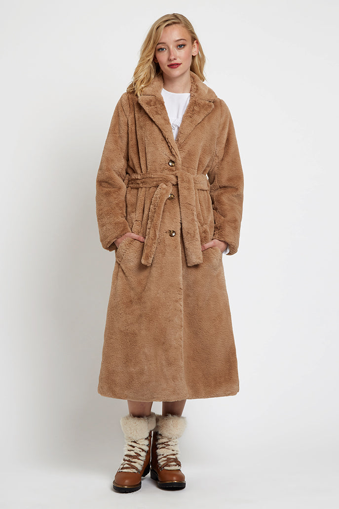 Arinette Faux Fur Tie Waist Coat - Camel