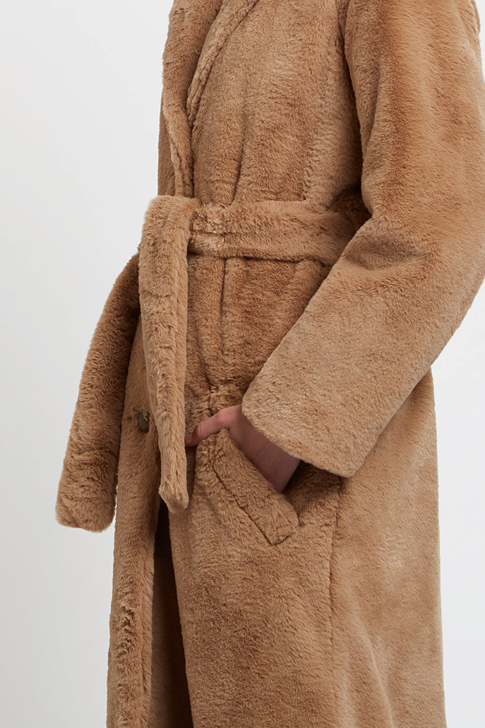 Arinette Faux Fur Tie Waist Coat - Camel