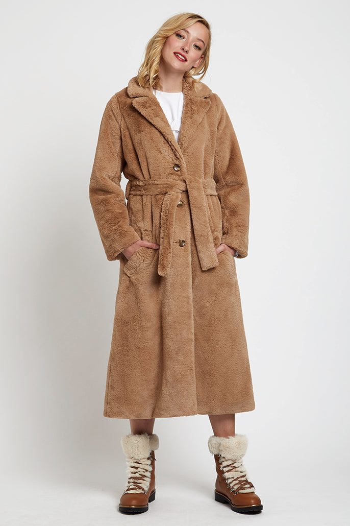 Arinette Faux Fur Tie Waist Coat - Camel
