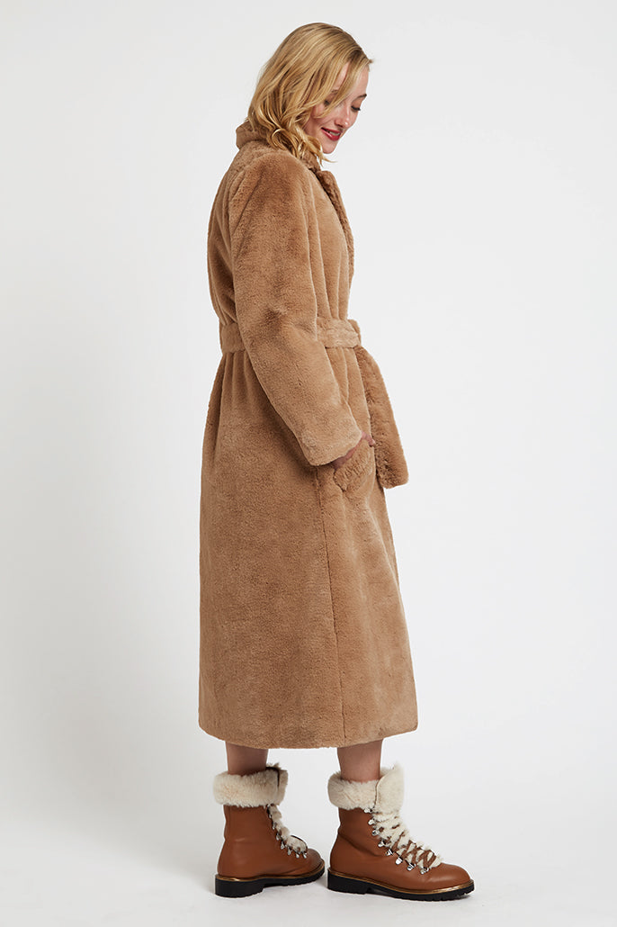 Arinette Faux Fur Tie Waist Coat - Camel