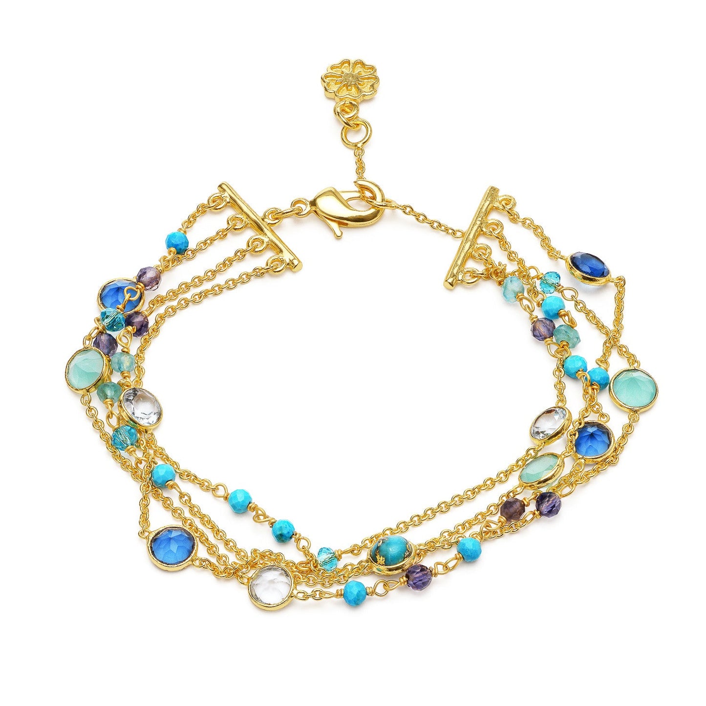 Hydra Multi-Strand Gold Chain and Gemstone Bracelet  Iolite, Blue Topaz & Apatite