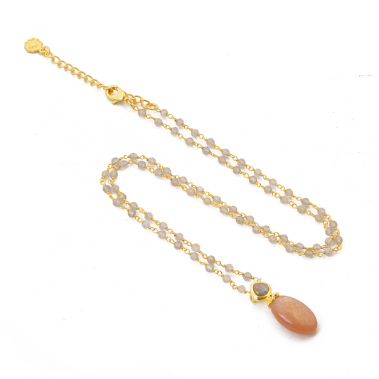 Persephone Double Gemstone Beaded Chain Necklace Peach Moonstone & Labradorite