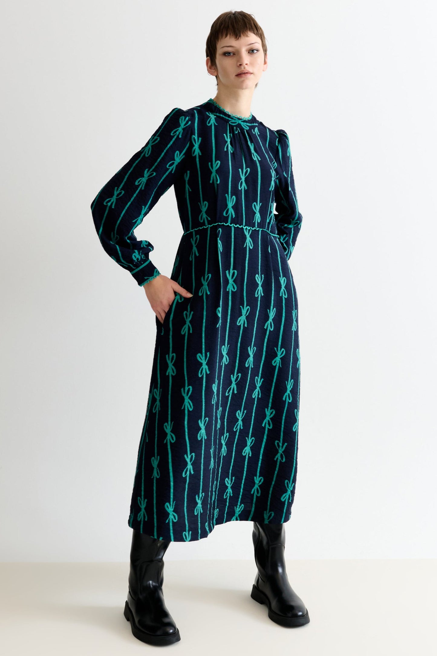 Avon Tie Up High Neck Long Sleeve Midi Dress – Navy