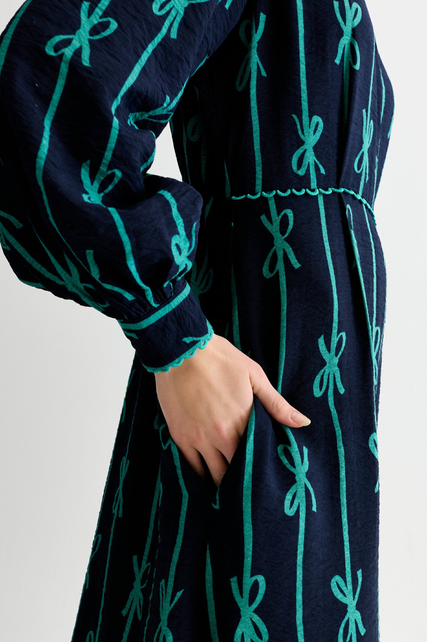 Avon Tie Up High Neck Long Sleeve Midi Dress – Navy