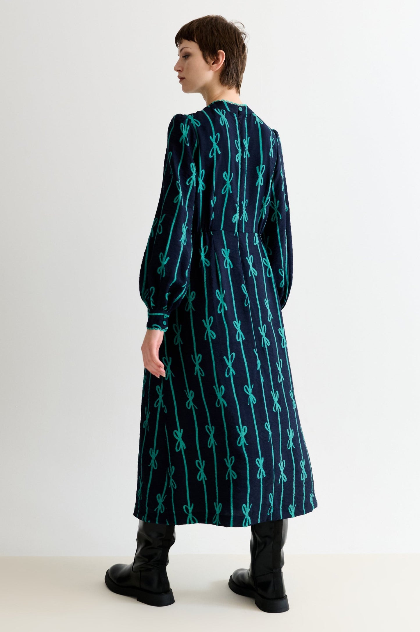 Avon Tie Up High Neck Long Sleeve Midi Dress – Navy