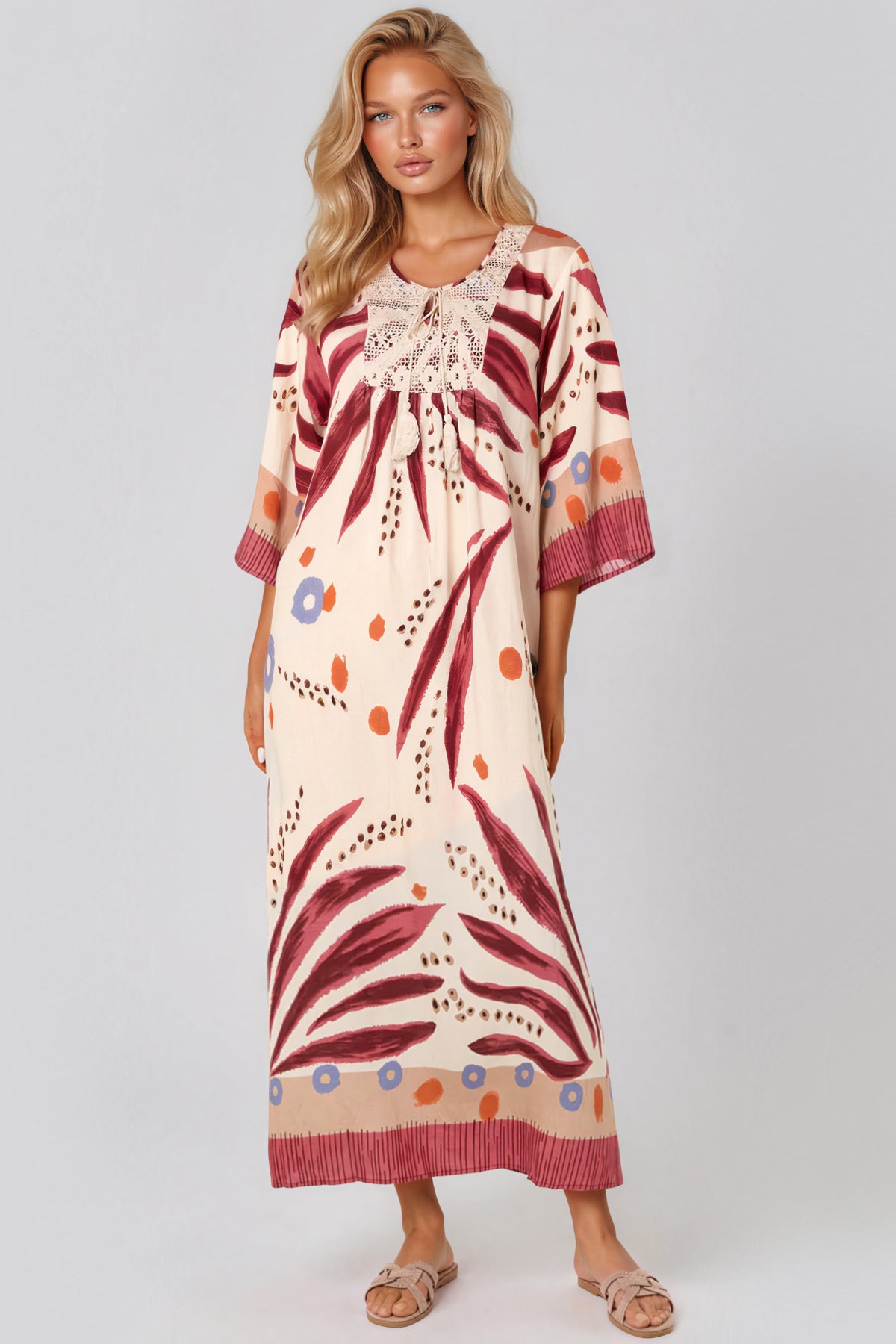 Coral Crochet Detail Beach Kaftan