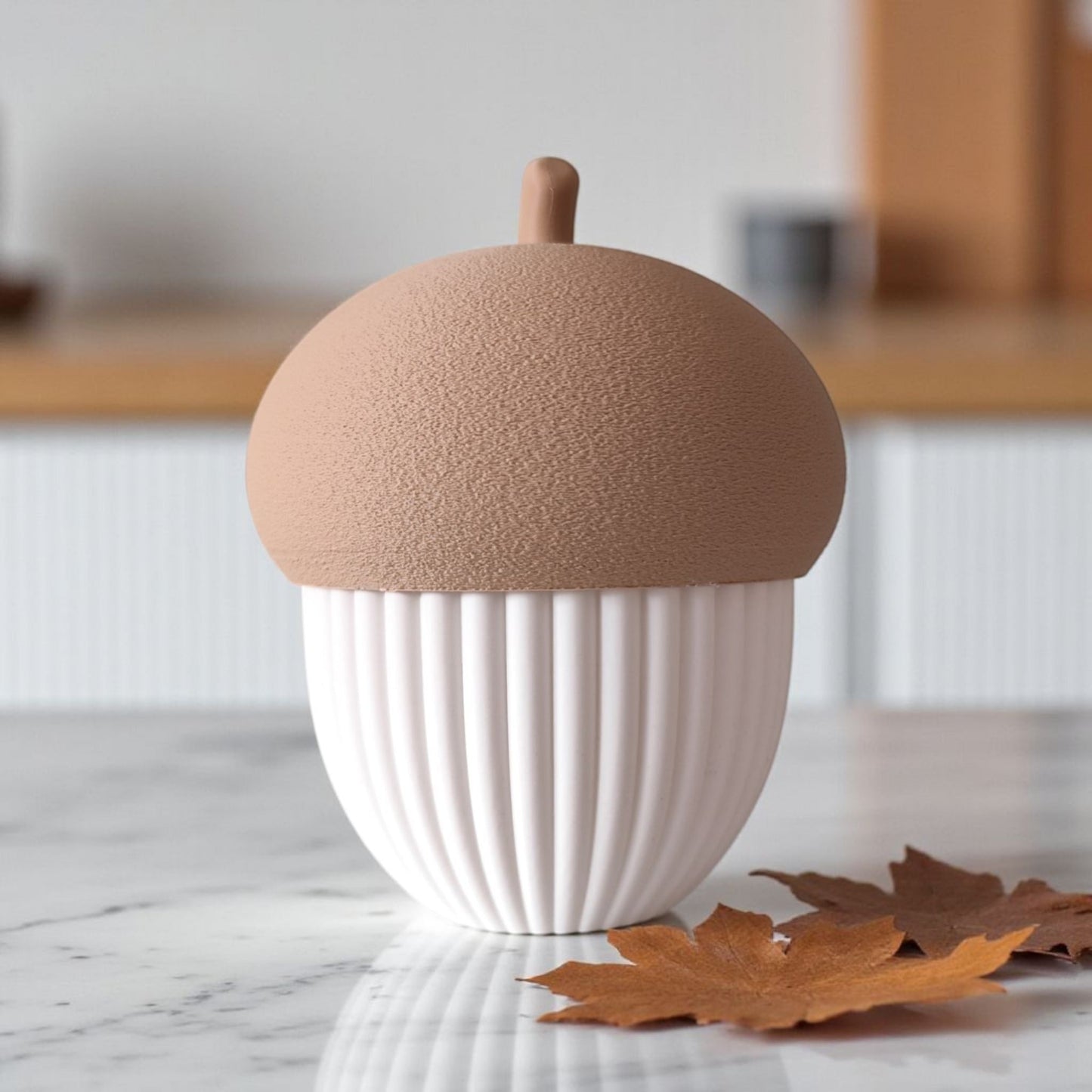 Acorn Container with LED Tealight | Modern Ribbed Autumn Decor Box & Cozy Fall Storage Bowl