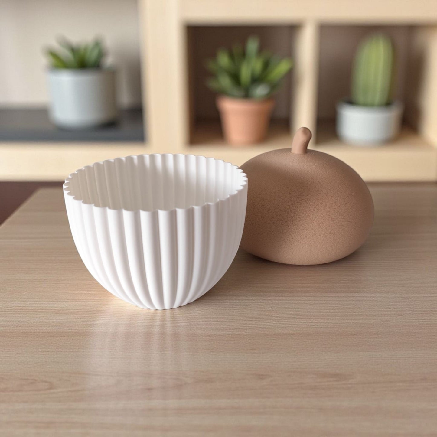 Acorn Container with LED Tealight | Modern Ribbed Autumn Decor Box & Cozy Fall Storage Bowl