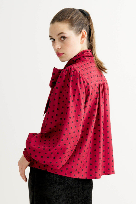 Aditi Spot Tie Neck Blouse - Wine