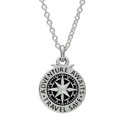 Travel Safe Compass St Christopher Small Silver Necklace