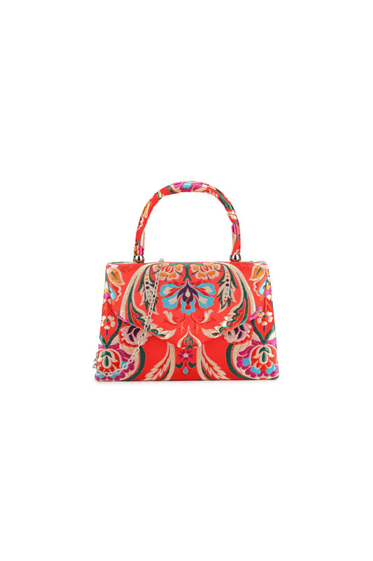 Red Floral Satin Small Top Handle Bag