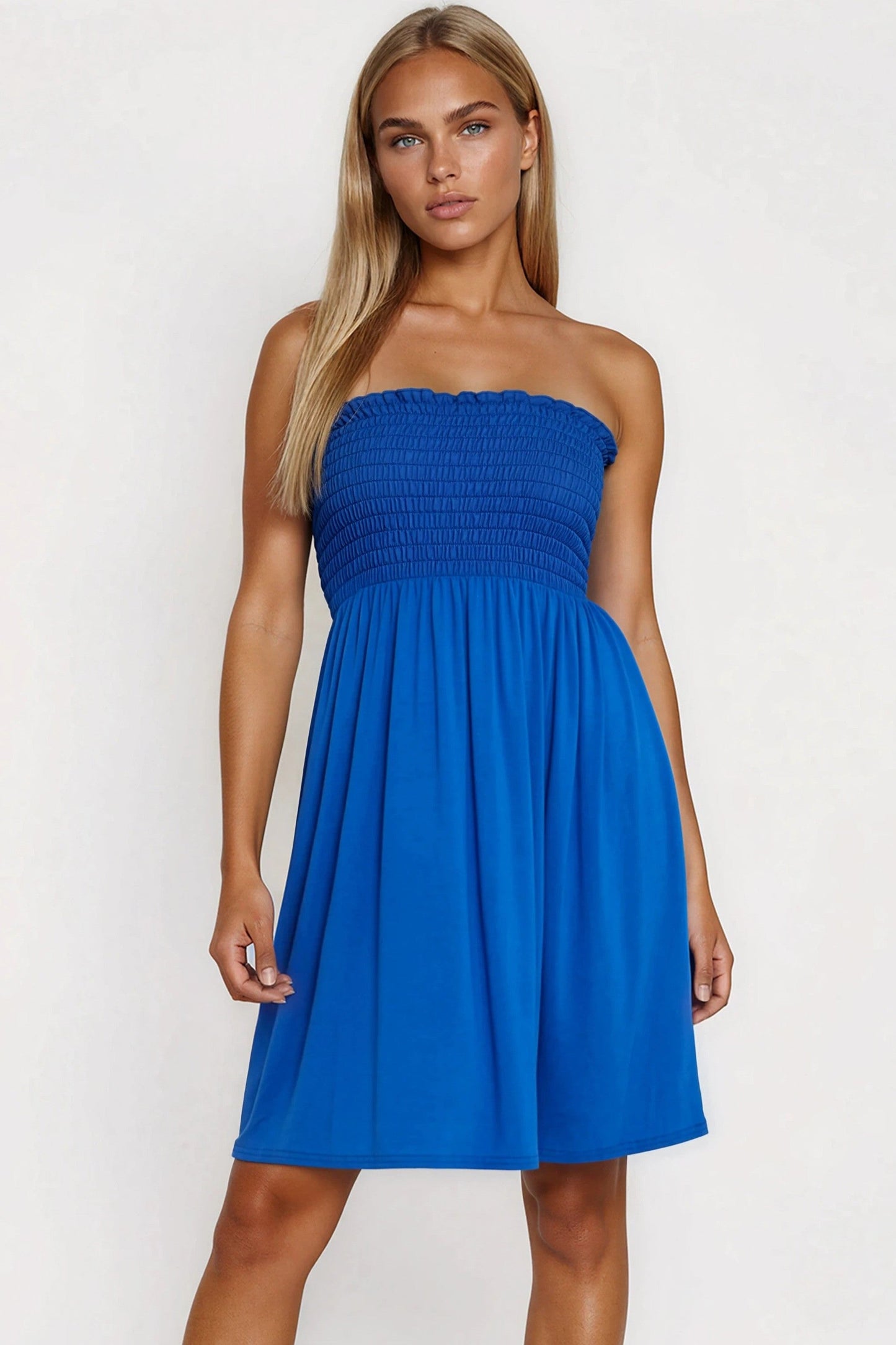 Royal Blue Shirred Bandeau Mini Dress