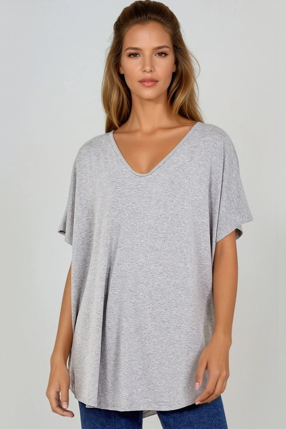 Light Grey Oversized V Neck T Shirt
