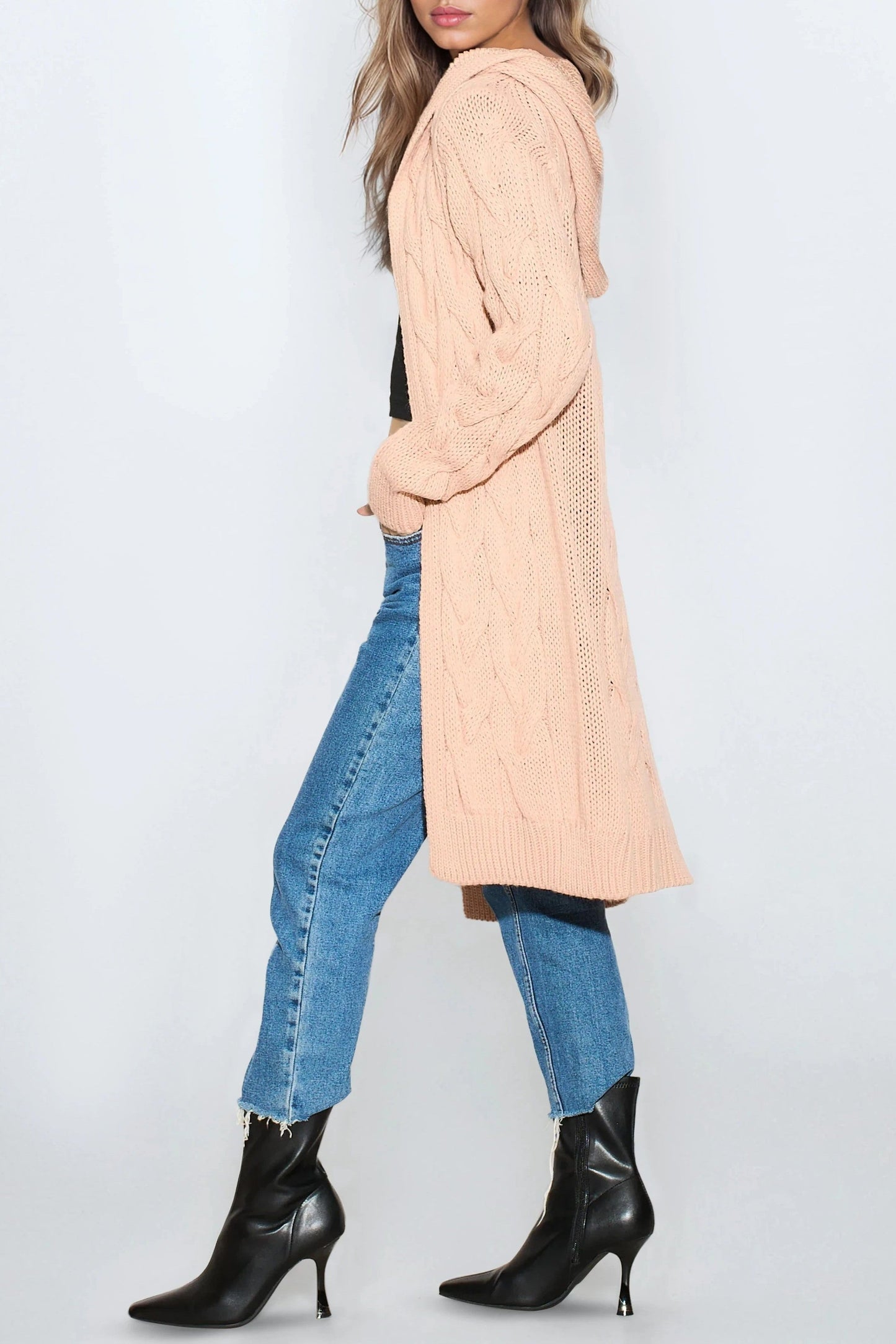 Pink Hooded Cable Knitted Longline Cardigan