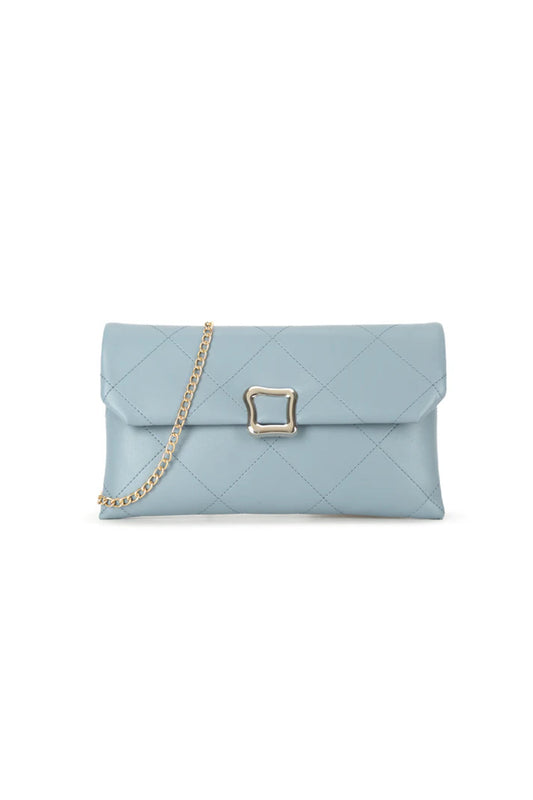 Blue Faux Leather Clutch Bag with Chain Strap