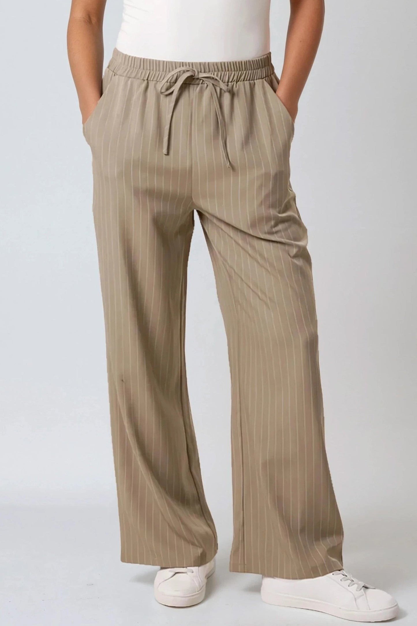 Khaki Pinstripe Wide Leg Trousers and Waistcoat Co-Ord Set