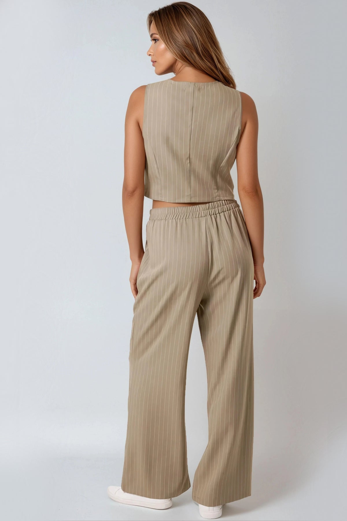 Khaki Pinstripe Wide Leg Trousers and Waistcoat Co-Ord Set