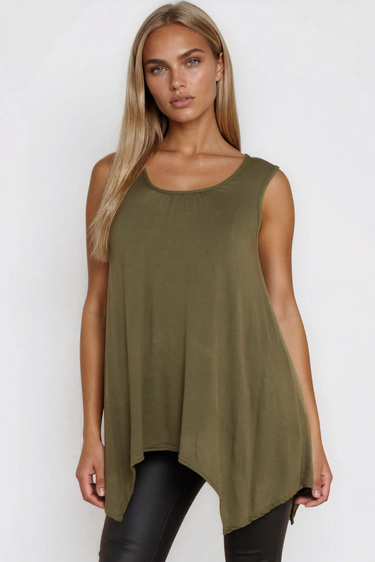 Khaki Sleeveless Top With Asymmetric Hem