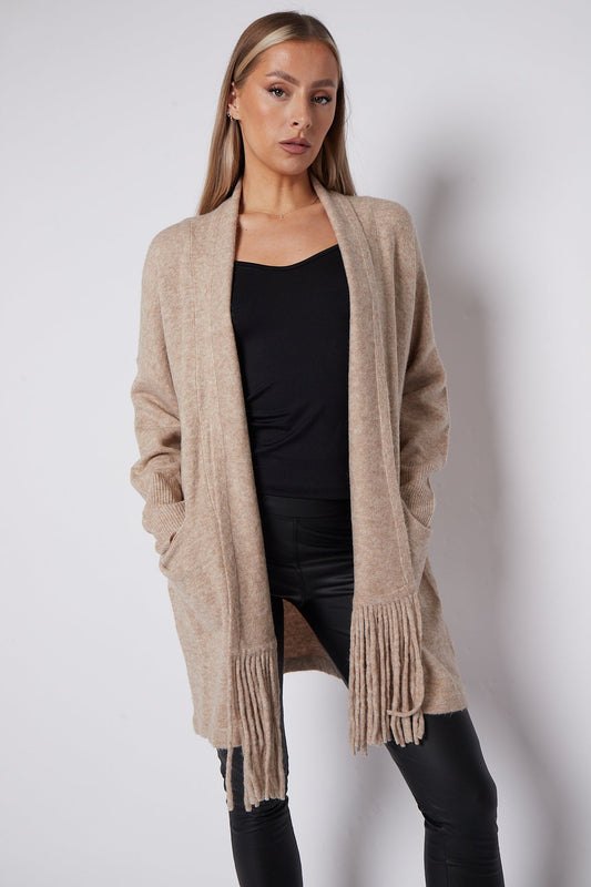 Beige Fringed Tassel Cardigan with Shawl Collar