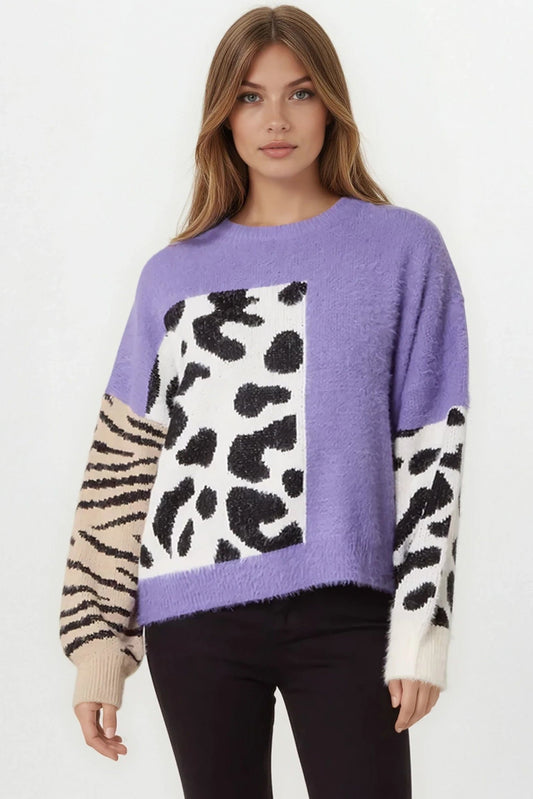 Purple Mixed Animal Pattern Knit Jumper