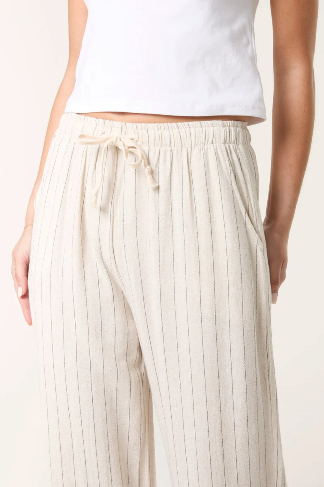 Beige Linen Blend Pin Striped Wide Leg Trousers