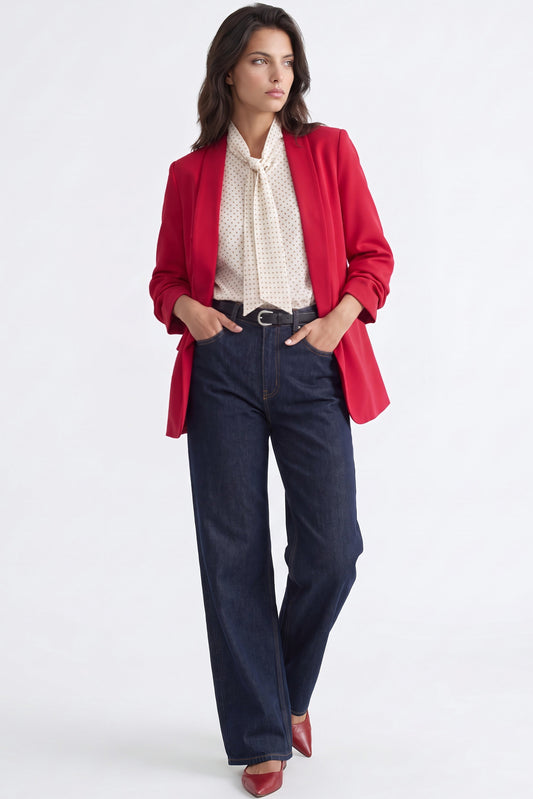 Red Blazer with Ruched Sleeves