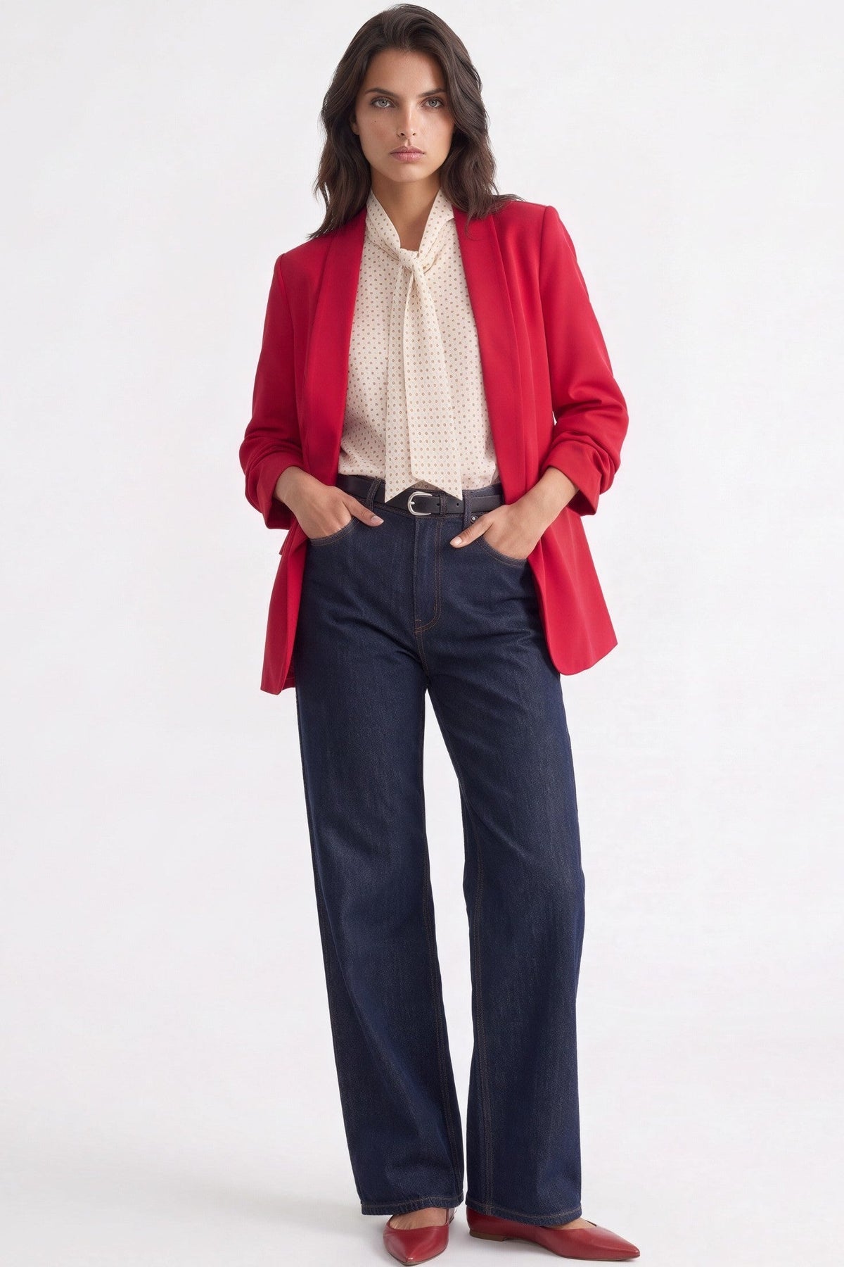 Red Blazer with Ruched Sleeves