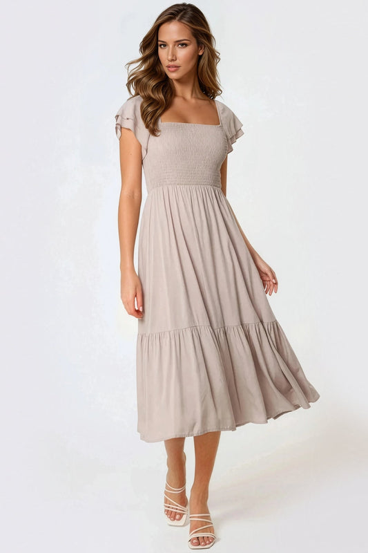 Beige Smock Midi Dress