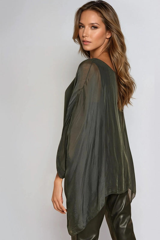 Charcoal Silk Batwing Sleeve Round Neck Blouse