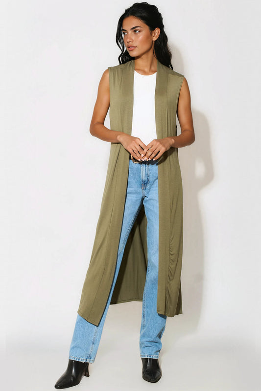Khaki Sleeveless Longline Maxi Cardigan