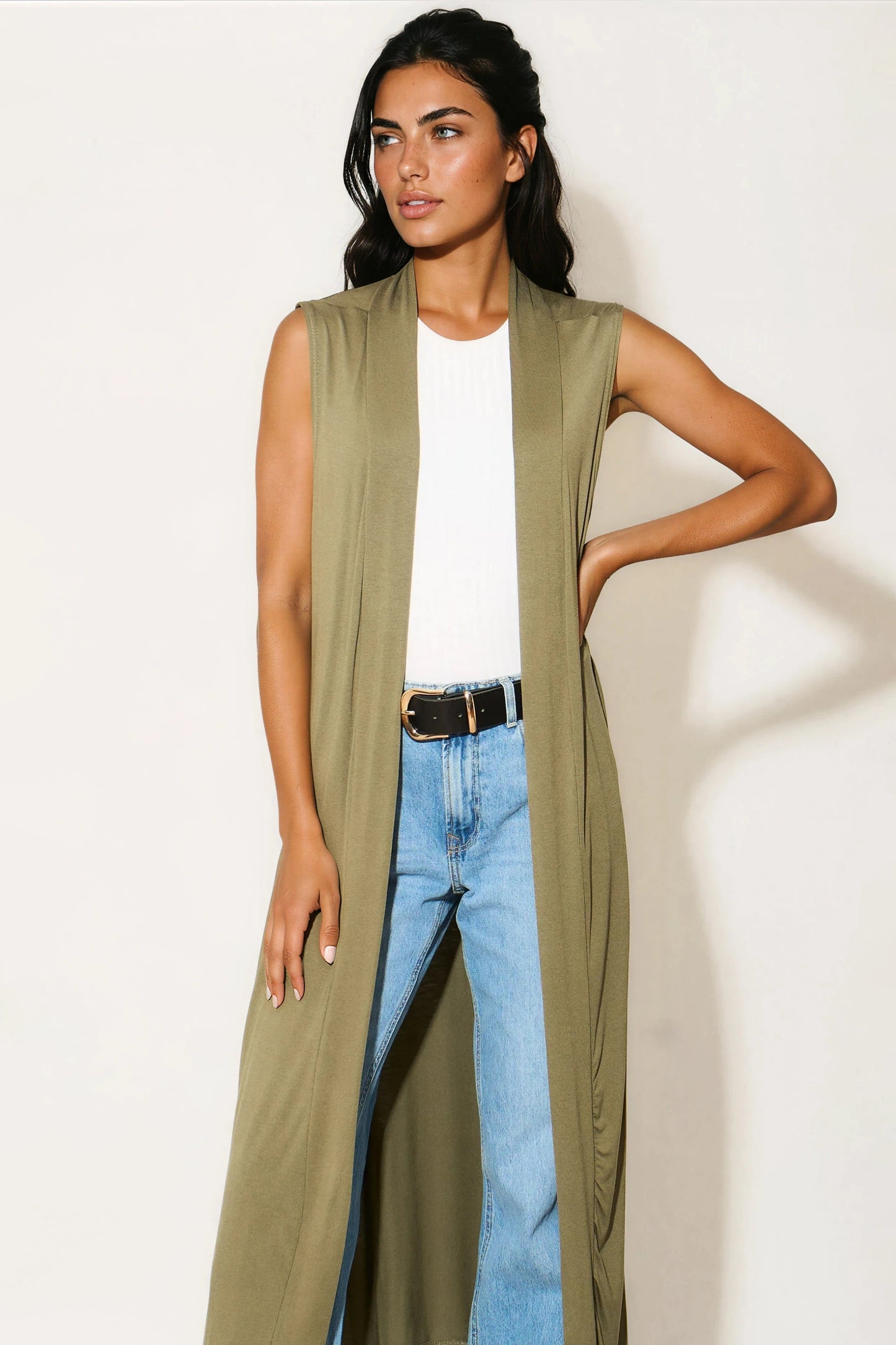 Khaki Sleeveless Longline Maxi Cardigan