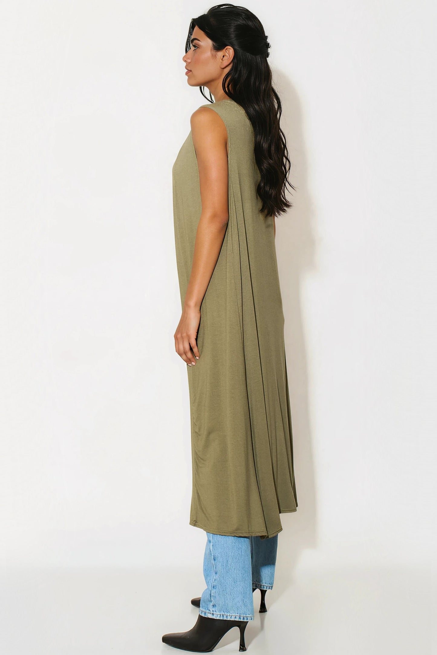 Khaki Sleeveless Longline Maxi Cardigan
