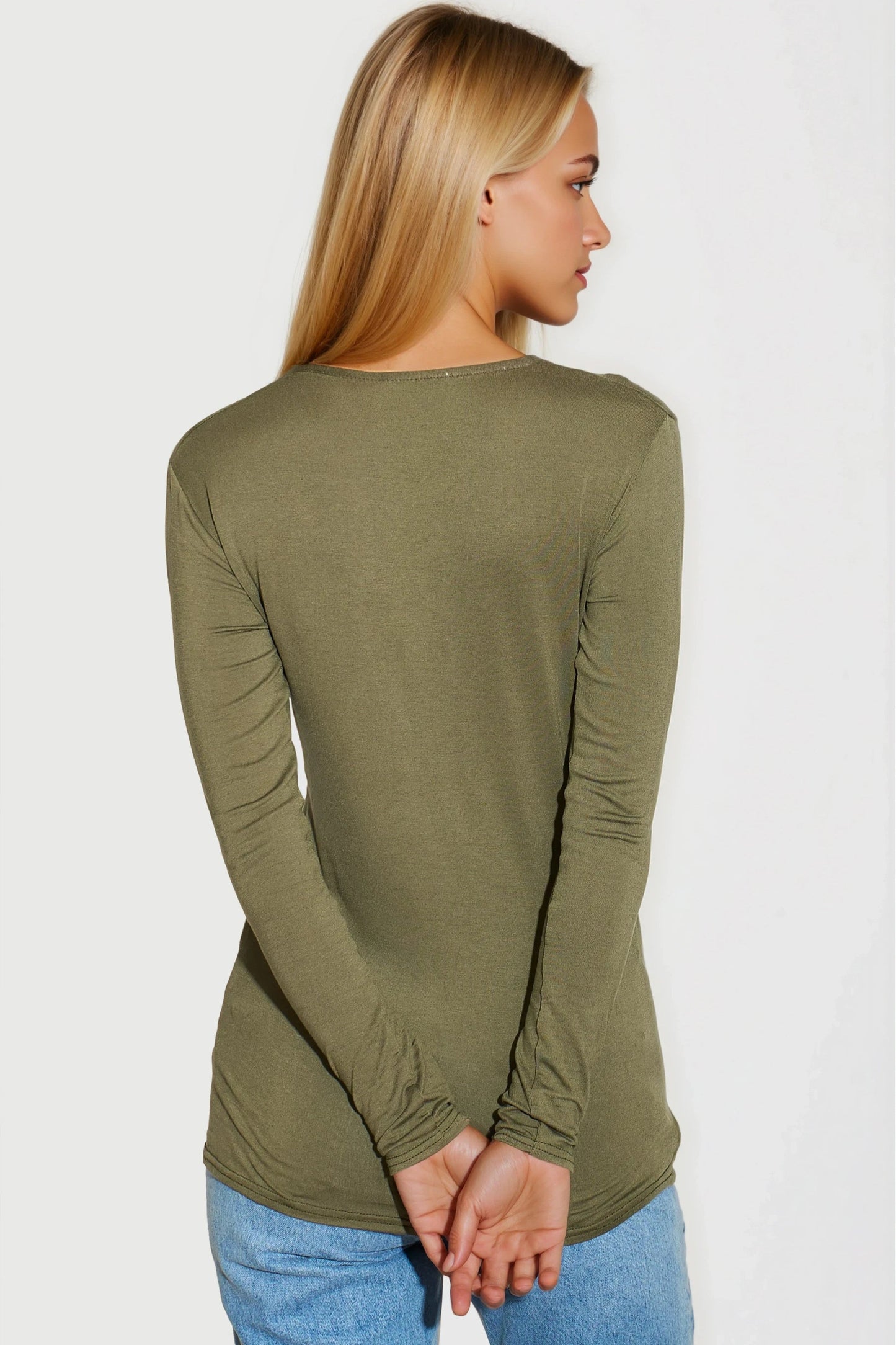 Khaki  V Neck Long Sleeve Top