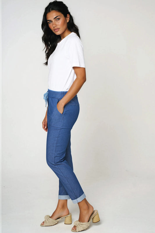 Denim Blue Stretch Drawstring Trousers