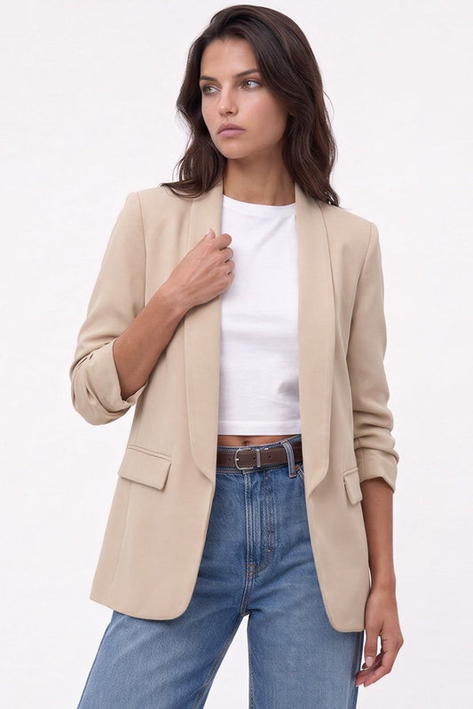 Beige Blazer with Ruched Sleeves
