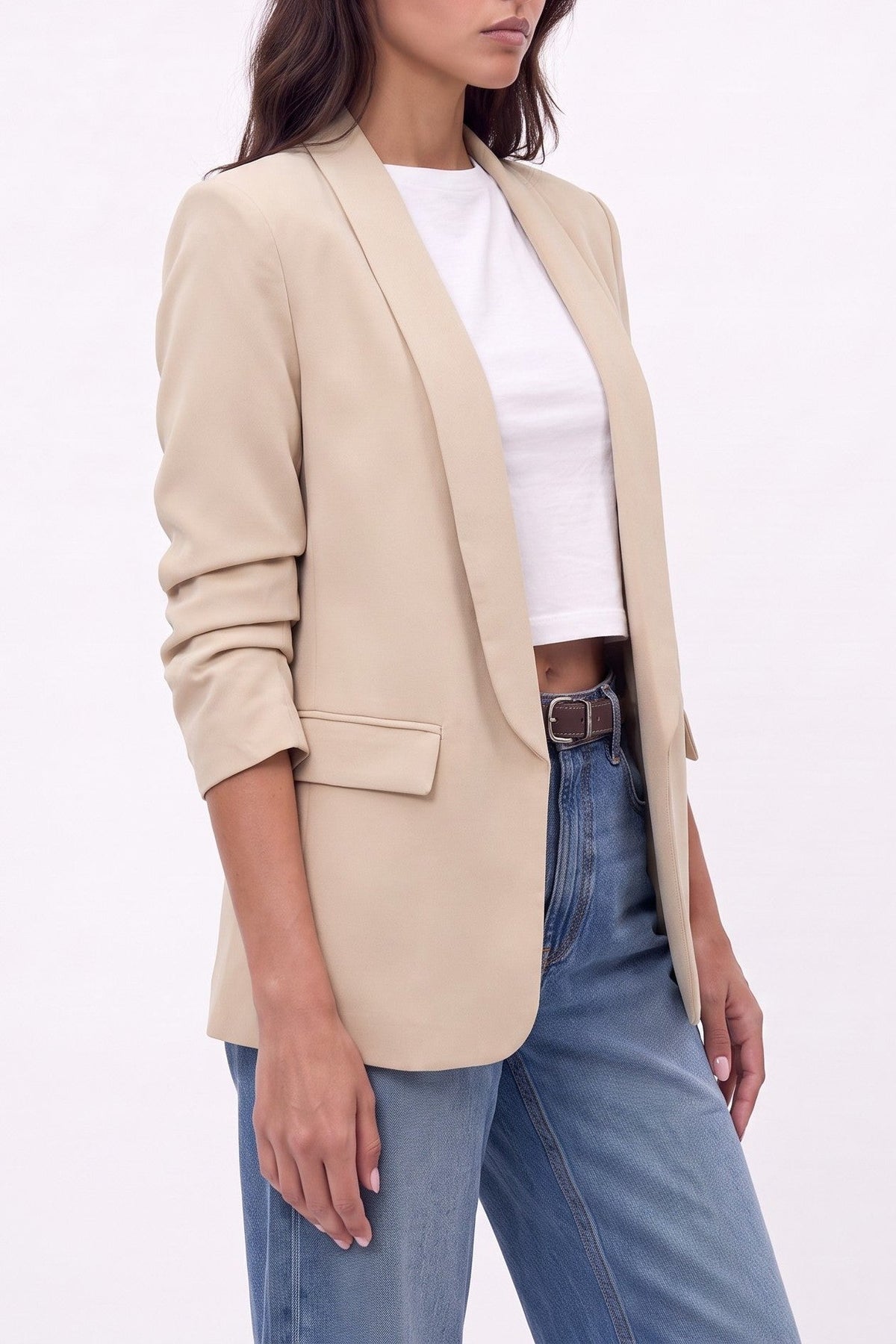 Beige Blazer with Ruched Sleeves