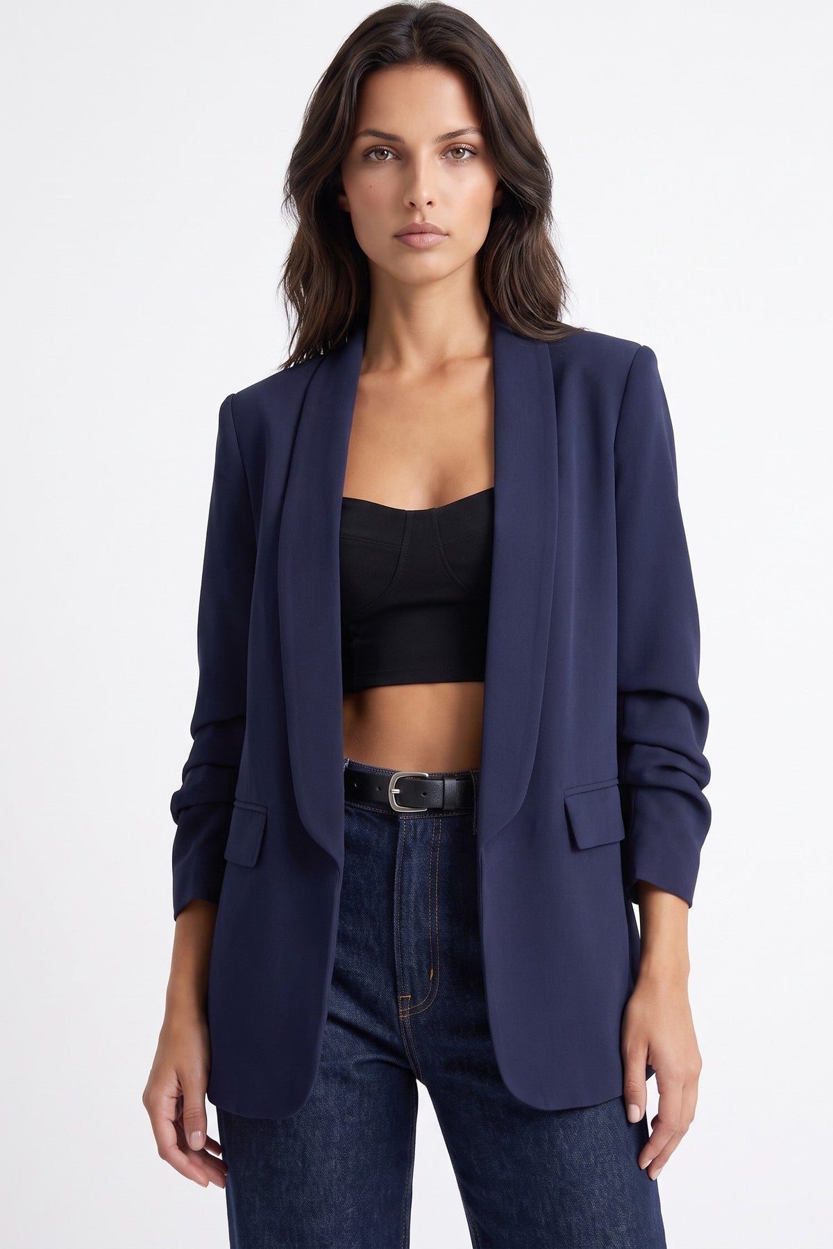 Navy Blazer with Ruched Sleeves