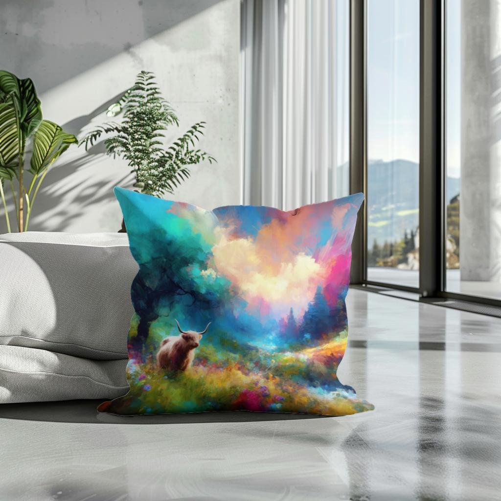 Vivid Highland Cow Escape Cotton Cushion