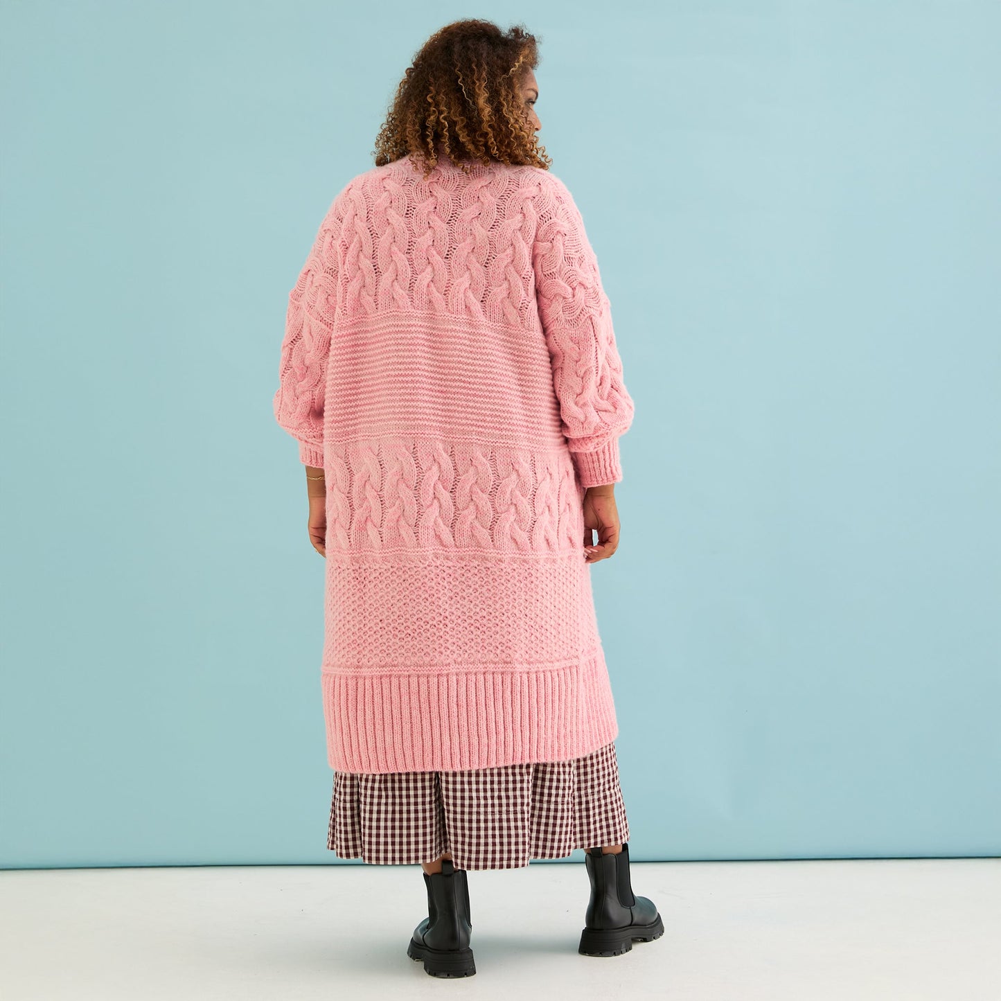 Alex Balloon Sleeve Chunky Oversized Cable Maxi Cardigan - Pink