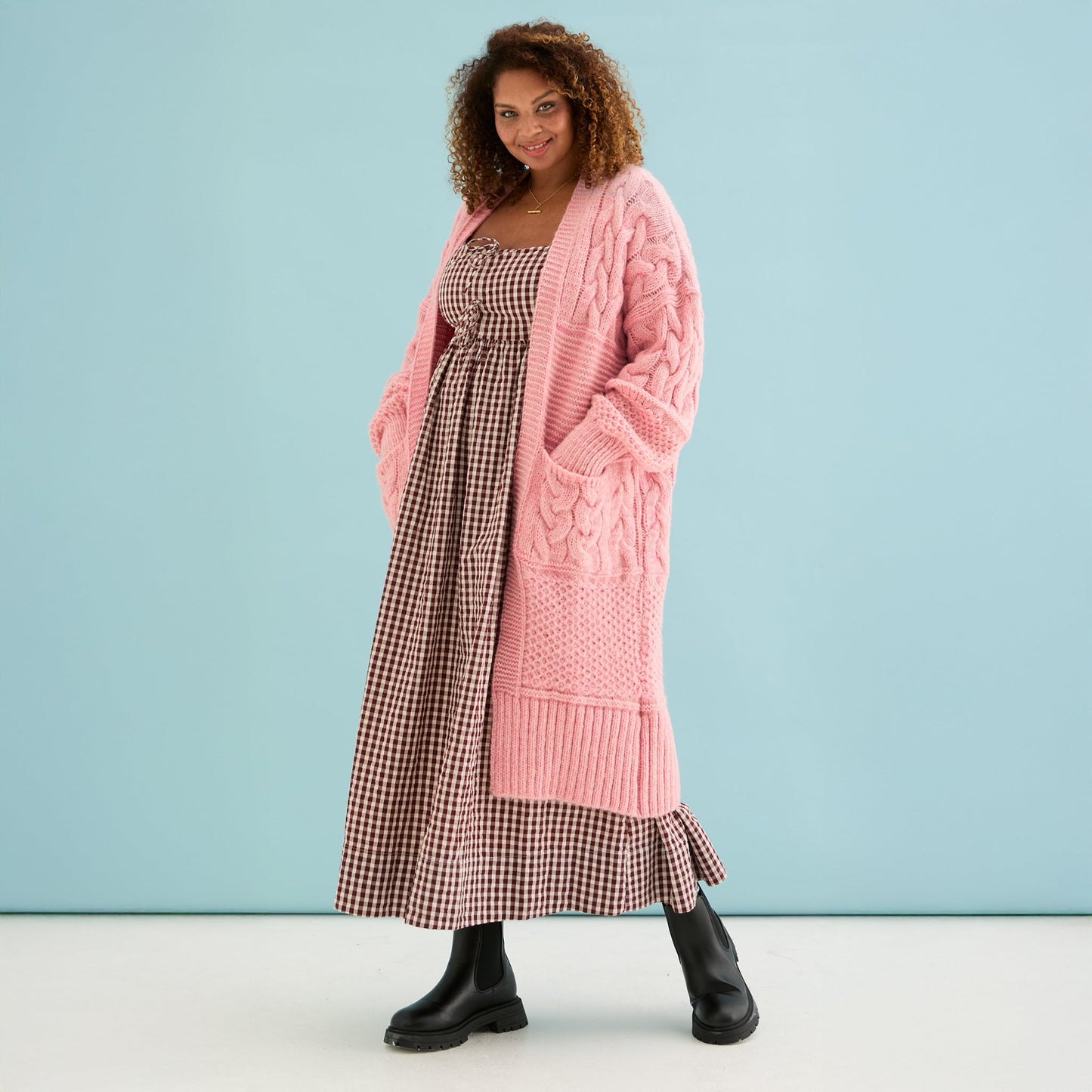 Alex Balloon Sleeve Chunky Oversized Cable Maxi Cardigan - Pink