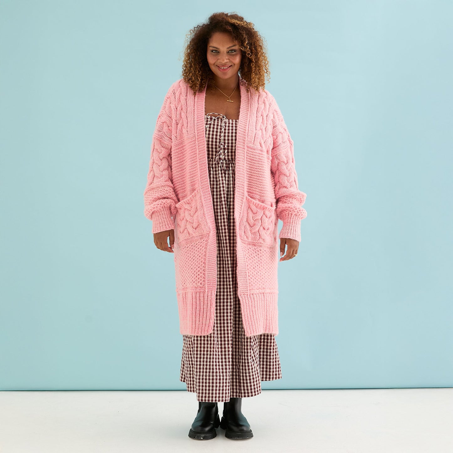 Alex Balloon Sleeve Chunky Oversized Cable Maxi Cardigan - Pink