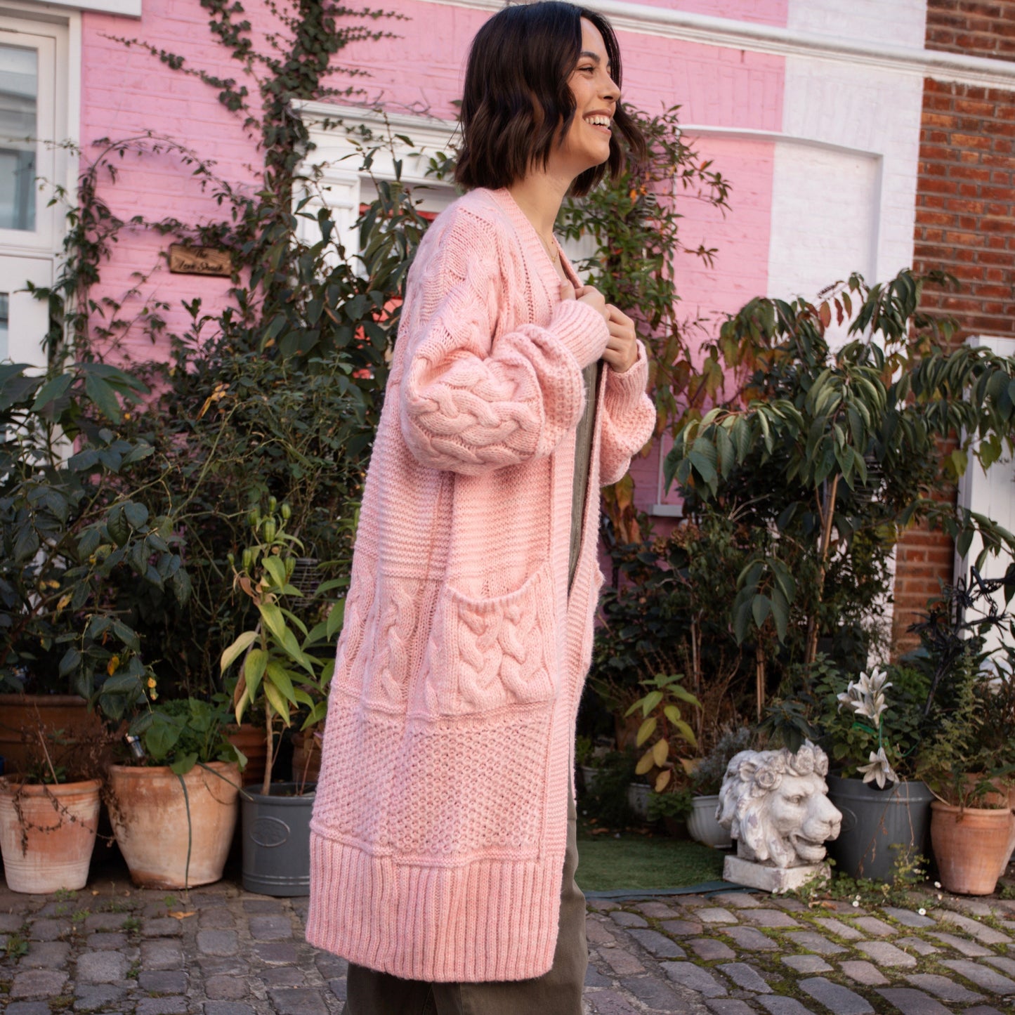 Alex Balloon Sleeve Chunky Oversized Cable Maxi Cardigan - Pink