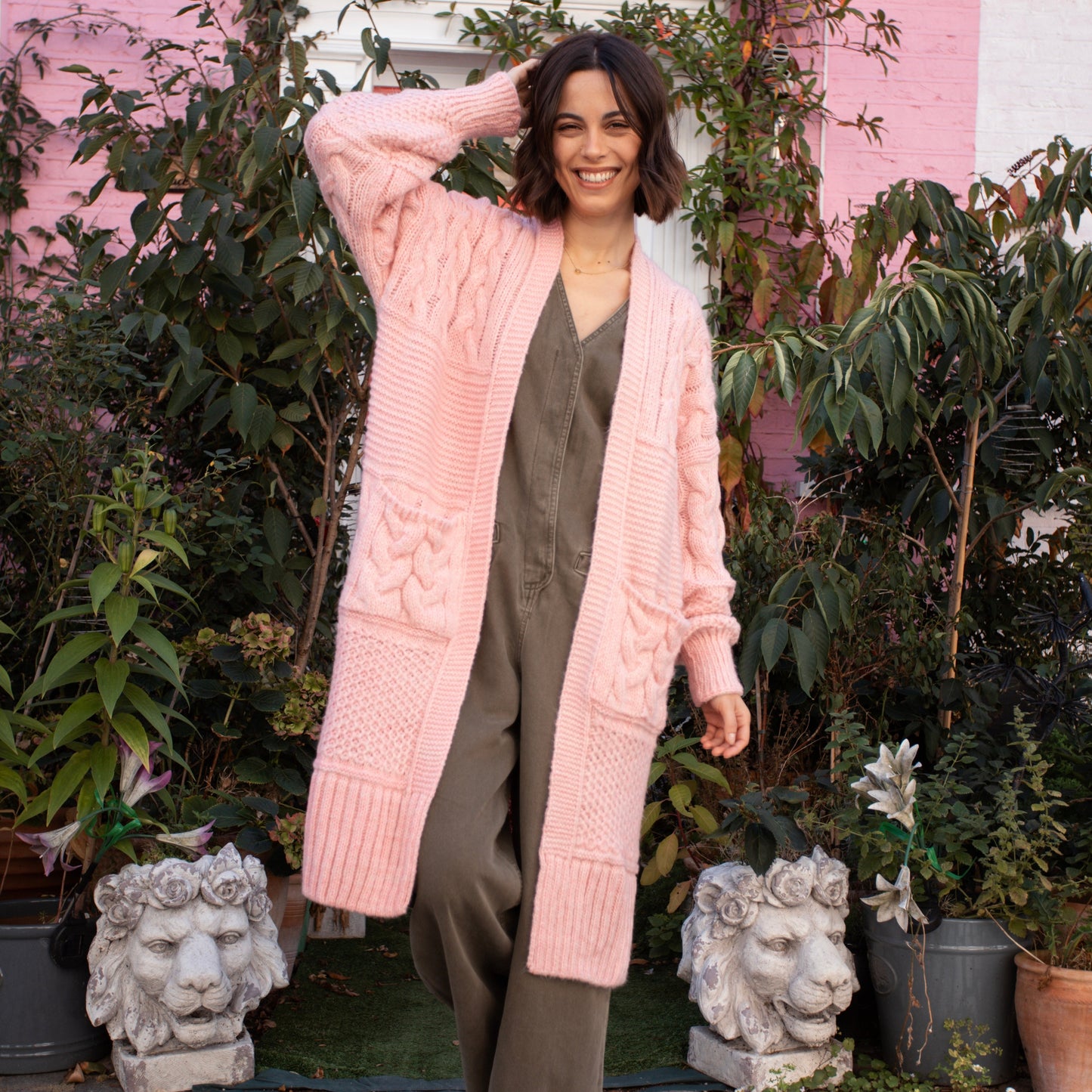 Alex Balloon Sleeve Chunky Oversized Cable Maxi Cardigan - Pink